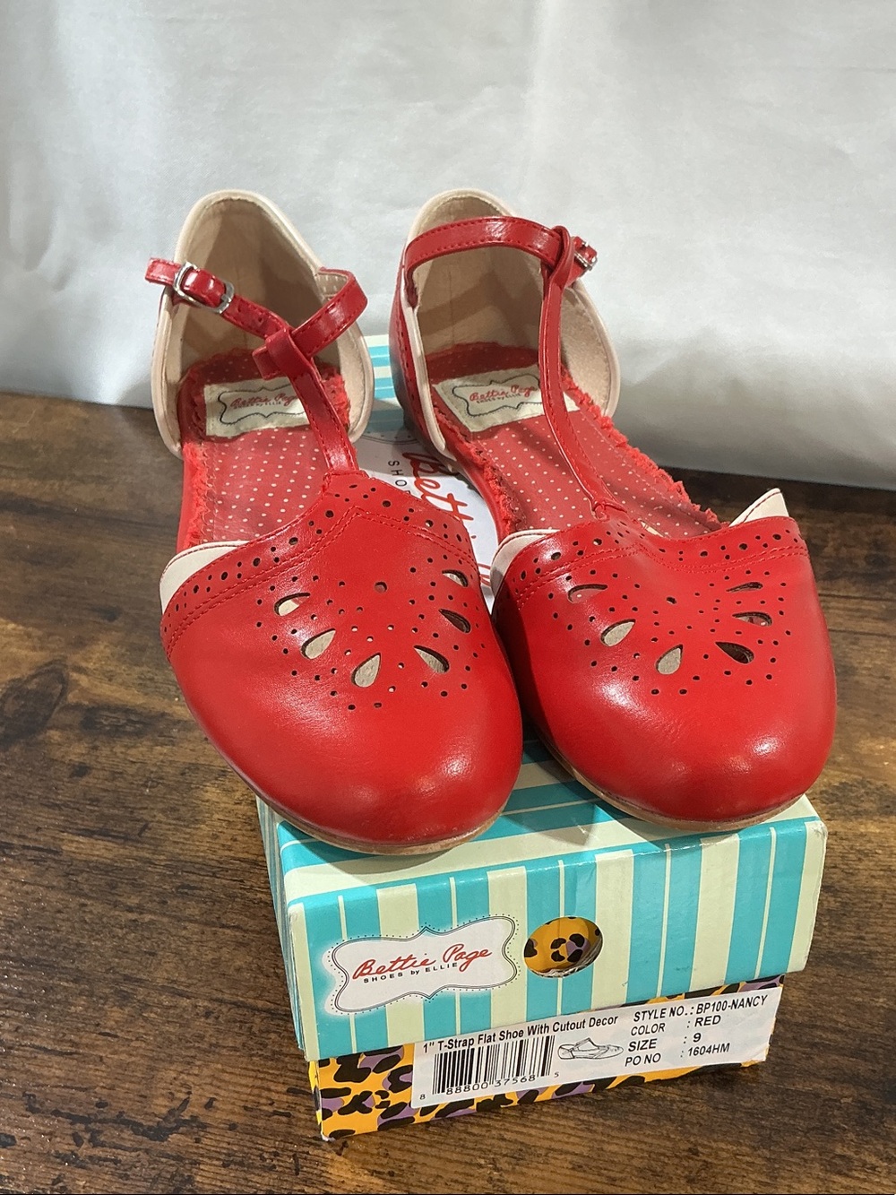 Bettie Page Red T-Strap Cutout Flats